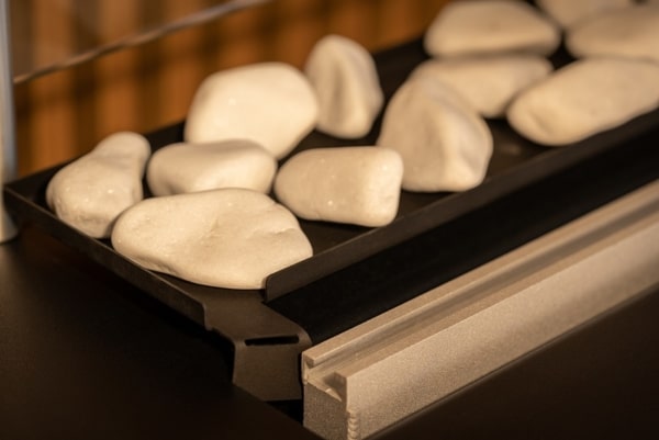 Tray with decorative white stones close up