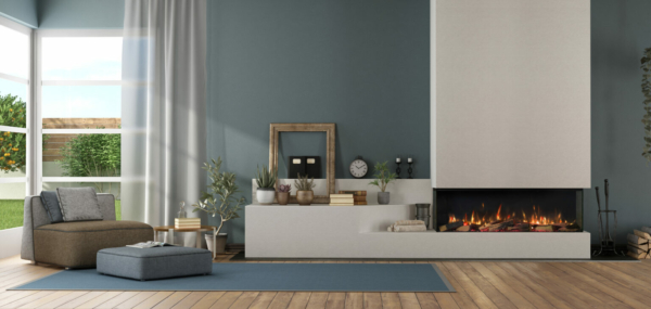 Blue modern living room with fireplace