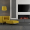 Gray and yellow modern living room with fireplace