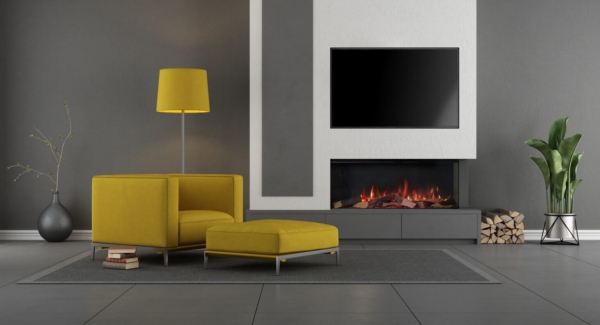 Gray and yellow modern living room with fireplace