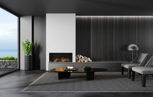 Modern minimalist apartment interior living room with fireplace