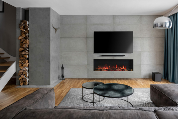 Tv room with cement wall